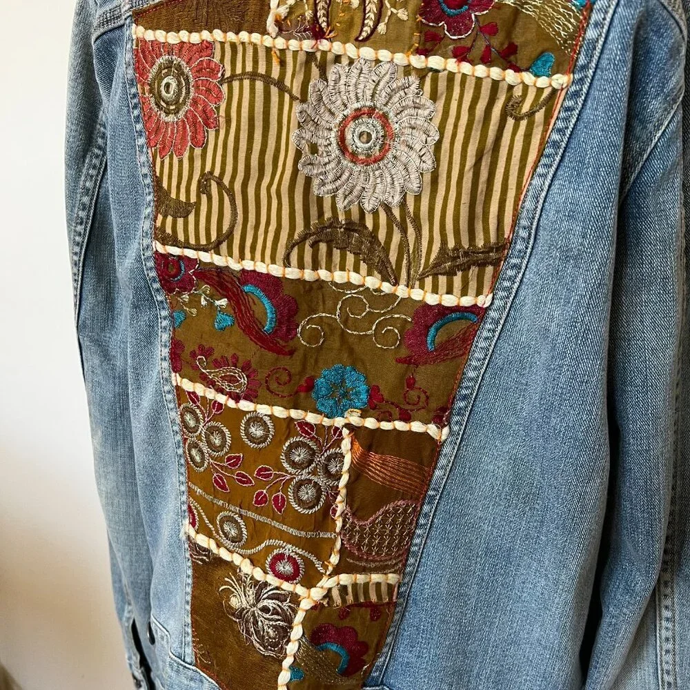 Patchwork Boho Vtg Inspired Lucky Brand Statement Denim Jacket 70s  Reworked L - Picture 4 of 14